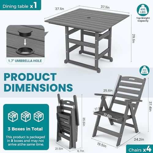 Dining Table Set, 5-Piece HDPE Outdoor Dining Set for 4, Grey - Image 5