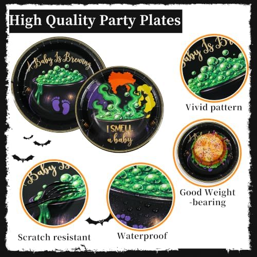 125Pcs Halloween Baby Shower Tableware, A Baby is Brewing Paper Plates Napkins Forks|Spooky Cauldron & Footprint Design, for Halloween Gender Reveal Bash Celebration - Image 3