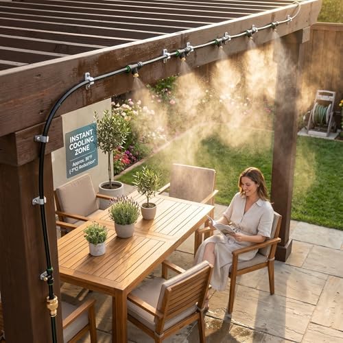 Misters for Outside Patio 63FT(19.2M)+21 Brass Mist Nozzles+a Brass Adapter(3/4") Detachable outdoor misting cooling system for Garden, waterpark, Greenhouse, Backyard, Fan, Umbrella, Deck, Canopy - Image 5