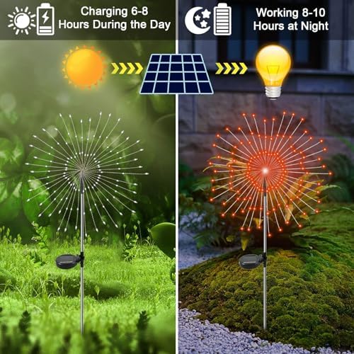 Solar Garden Lights Outdoor, 2 Pack 120 LED Twinkling Firework Lights Decorative with 2 Modes, Outdoor Waterproof Solar Starburst Light for Outside Yard Pathway Garden Decor, Orange - Image 2