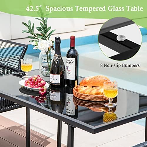Tangkula 3 Pieces Outdoor Dining Set, Patio PE Rattan Furniture Set with Folding Backrest, Cozy Seat Cushions, Tempered Glass Tabletop, Space-Saving Rattan Chair Table Set for Backyard, Poolside - Image 7