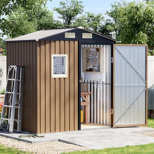 6x4 FT Outdoor Metal Storage Shed with Floor Frame, Single Door, 1 Clear Window, Tool Shed for Garden, Patio, Backyard Brown by Unknown