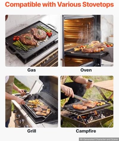 VEVOR Reversible Grill/Griddle 20x9 in Pre-Seasoned Cast Iron Pan Handle - Image 5