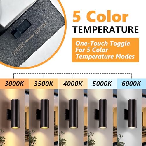 DAKAFUL 5CCT Dimmable Wall Lights Outdoor 2 Packs, 3000K 5000K 6000K Integrated LED Cylinder Up Down Modern Aluminum Light, Waterproof Exterior Light for Porch Patio Door Garage Indoor - Image 2