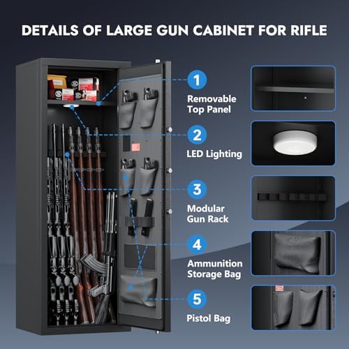 Kaer 12-21 Gun Safe for Rifles and Pistols, Up to 17 Long rifle Cabinet and 4 Pistols with 3 Gun Racks, Removable Shelf for AR-15, Scoped Rifles, Shotguns, Keypad Lock Mute/Alarm/LED for Home, Garage - Image 3
