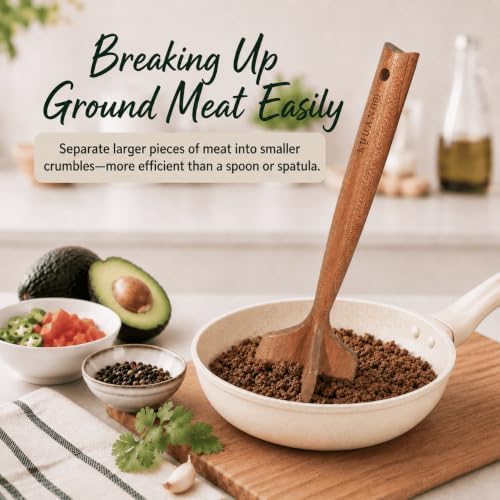 Teak Wood Meat Chopper, Hamburger Smasher,10.63 Inches - Image 2
