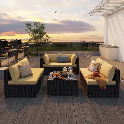 Qsun Patio Furniture Sets 7 Pieces Outdoor Sectional Rattan Sofa Manual Weaving Wicker Patio Conversation Set with Glass Table and Cushion (Beige) - Image 7