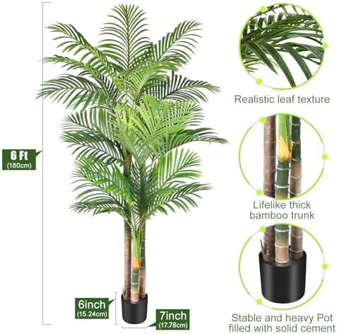 6ft Tall Triple Golden Cane Palm Artificial Tree 72inch Large Tropical Palm Tree UV Resistant Fake Plant in Pot for Indoor Outdoor Big House Living Room Outside Patio Office Home Decor 2Pack - Image 2