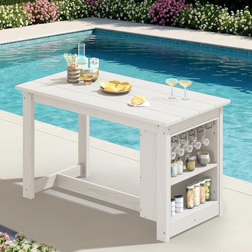 SERWALL Outdoor HDPE Counter-Height Bar Table with Storage Rack, White - Image 2