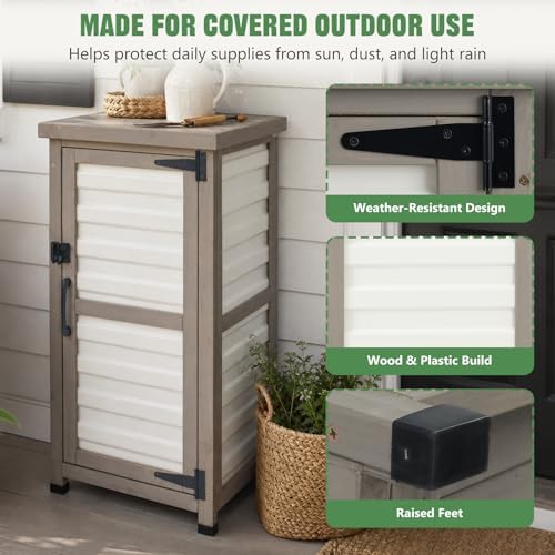 Ketive Outdoor Storage Cabinet, 33.5" H Compact Patio Storage Cabinet with Plastic Door Panels, Wood-Style Frame, 2-Tier Outdoor Organizer for Porch, Balcony, Backyard, Garden Supplies, Gray & White - Image 5