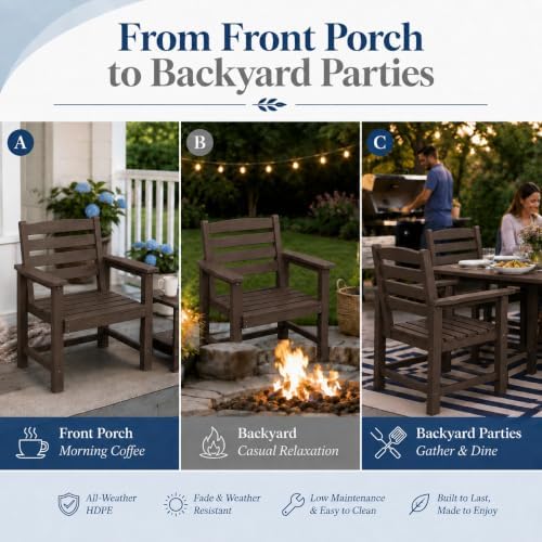 Patio Dining Chairs Set of 2, All-Weather HDPE Outdoor Dining Chair with High Back, Stackable Heavy Duty 400 lbs Lawn Armchair for Backyard Deck Porch Table, Coffee - Image 5