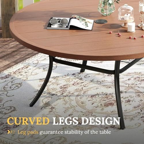 VICLLAX Large Patio Dining Furniture Set, Outdoor Dining Set for 10-60" Round Outdoor Table and Patio Stackable Chairs, Walnut Wood-Like Tabletop and Brown Fabric - Image 6