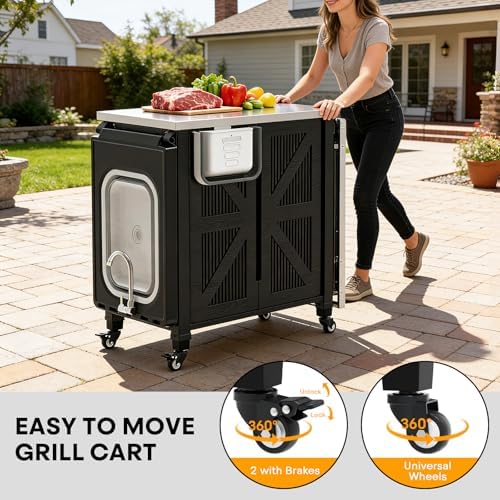 Grill Cart with Foldable Sink, Outdoor Storage Cabinet, Outdoor Grill Cart with Wheels, Kitchen Island with Folding Trash Can for Barbecue, Backyard, Garden & Outdoor Kitchen - Image 7