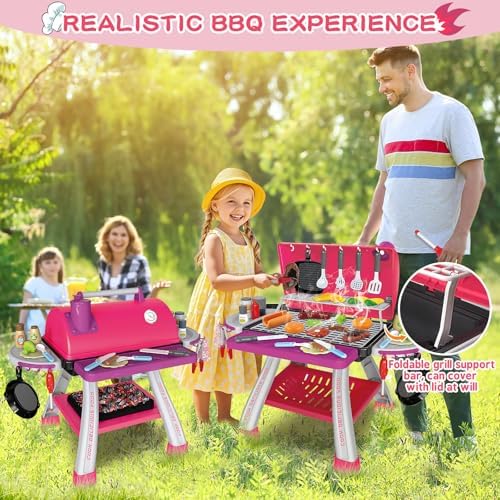 Kids Play Kitchen Toys, Kids BBQ Grill Kitchen Playset with Smoke, Sound & Light, Pink Play Food Toys Cooking Set, 2-Layer Barbecue Outdoor Play Grill Toy Gift for Toddler Girls 3-5, Pink - Image 5