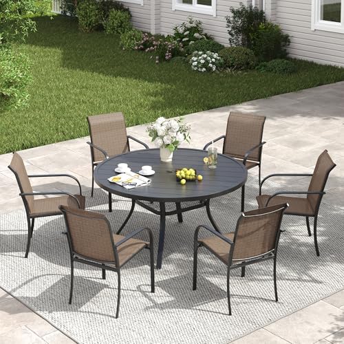 VICLLAX Patio Dining Set for 6, All Weather Metal Outdoor Furniture Set Includes 47" Round Patio Table and 6 Patio Stacking Chairs, Black Tabletop and Brown Fabric by HOME
