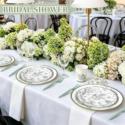 144 Pcs Sage Green Floral Tableware Set for 24 Guests - Image 2