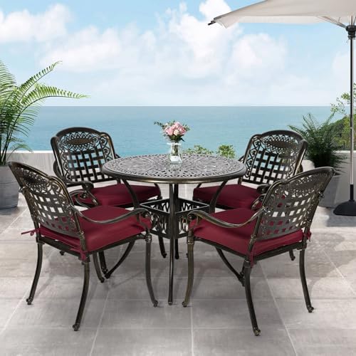 VIVIJASON 5-Piece Patio Furniture Dining Set, All-Weather Cast Aluminum Outdoor Conversation Set, Include 4 Cushioned Chairs and a 35.4" Round Table w/Umbrella Hole for Balcony, Garden, Red Cushion - Image 2