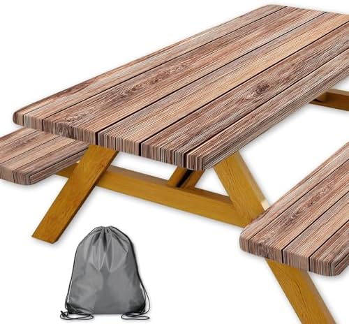 Picnic Table Cover with Bench Covers Camping Essentials Farmhouse Outdoor Table Covers Wood Grain Waterproof Windproof Fitted Tablecloth Cover with Elastic Edge for Indoor & Outdoor 3 PCS 30x60 Inch by Xguatan