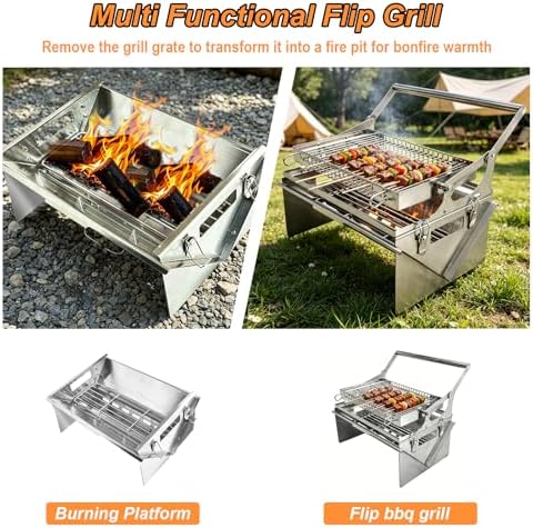 Portable 360° Rotating Charcoal Grill with Flipping Basket - 304 Stainless Steel Barbecue Grill for Camping, Tailgating and Outdoor Cooking, Easy Disassemble, Includes Carry Bag, Charcoal & Wood Fuel - Image 6