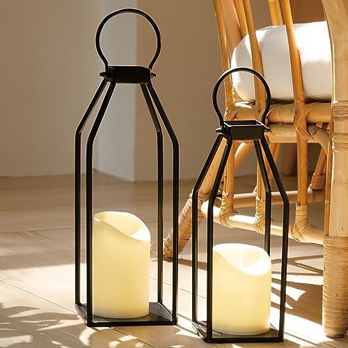 Perfnique Modern Farmhouse Lantern Decor, 15'' 13'' Set of 2 Black Metal Lantern, 2 LED 6hr Timer Flameless Candles ＆ Remote Timer, Lanterns Decorative for Outdoor, Home, Indoor, Patio, Christmas by PERFNIQUE