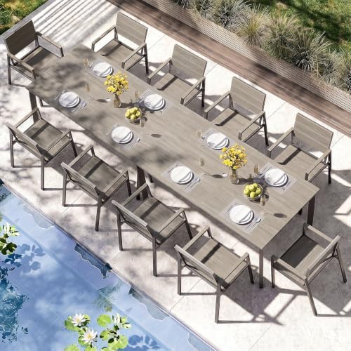 Outdoor Dining Set for 10, Aluminum Patio HDPS Outdooor Table and Chairs Set with Umbrella Hole, All Weather Patio Furniture Set, 12 Peice Patio Dining Table Set (Classic Gray) by ComfCove
