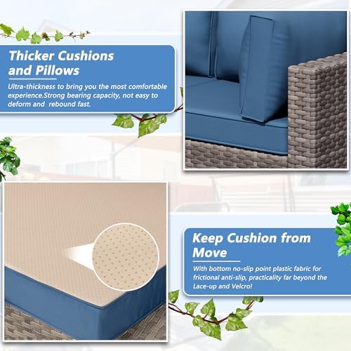 7 Piece Outdoor Patio Furniture Set with Natural PE Rattan, Navy Blue - Image 5
