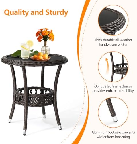 VINGLI Outdoor Wicker Side Table, Patio Side Tables for Outside Tempered Glass Top Wicker Table with Storage End Table for Balcony Porch Deck (Dark Brown) - Image 5