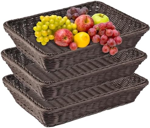 GNIEMCKIN 3 PCS 16 Inch Wicker Bread Basket, Woven Serving Basket, Rectangular Fruit Baskets, Tabletop Food Serving Basket for Restaurant, Bakery, Crackers, Fruits, Vegetables and Snacks(Deep Coffee). by GNIEMCKIN