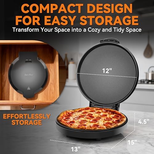 Baker’s Friend Countertop Pizza Maker Electric, 12 Inch Pizza Maker Machine for Home, Quesadilla Maker, Non-stick Cooking Plates,Horno Para Pizza, 1400W, Graphite - Image 6