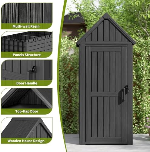 Outdoor Storage Shed, Waterproof Storage Cabinet with Sloping Roof and Lockable Door, Resin Shed with Ample Space, Multiple Hooks for Backyard Patio, Garden, Lawn, Classic Black - Image 5