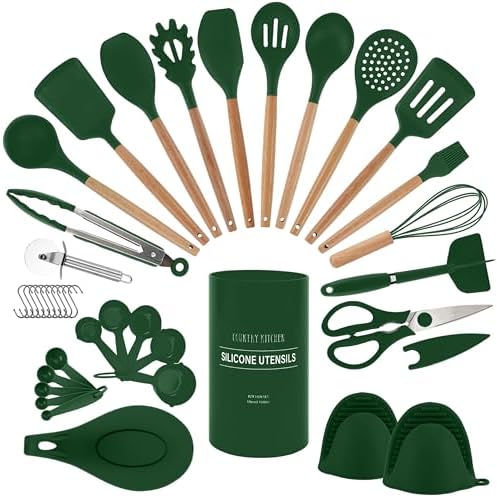 Country Kitchen Non Stick Silicone Utensil Set with Rounded Wood Handles for Cooking and Baking, 38 Piece Set, Green by CountryKitchen