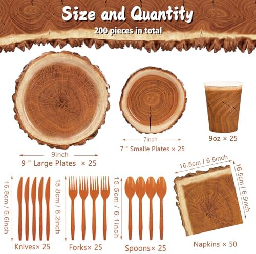 200 Pieces Camping Wood Grain Slice Party Supplies Set Paper Plate Cup Napkin for Camping Woodland Baby Shower Lumberjack Birthday Featuring a Round Wooden Slice Die Cut Edge Design Serve 25 - Image 2