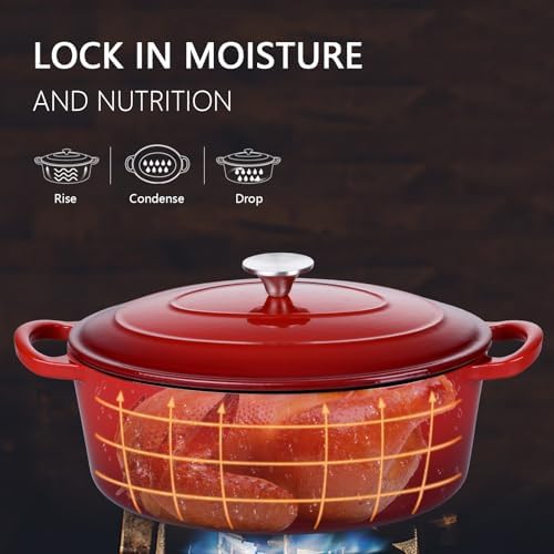 Leonyo 5-Quart Enameled Cast Iron Oval Dutch Oven Pot with Lid, Red - Image 4