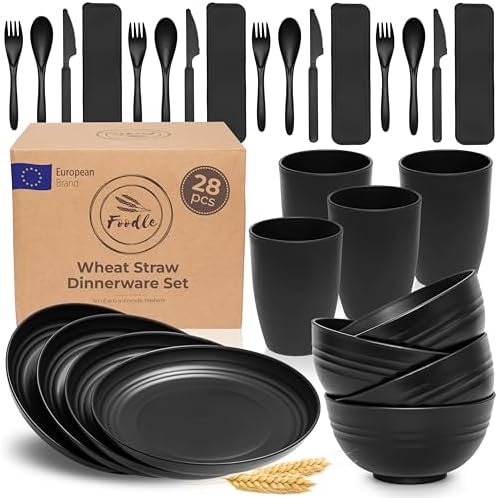 FOODLE Wheat Straw Dinnerware Set - RV, Camping, Picnic Plates Cups & Bowls by FOODLE
