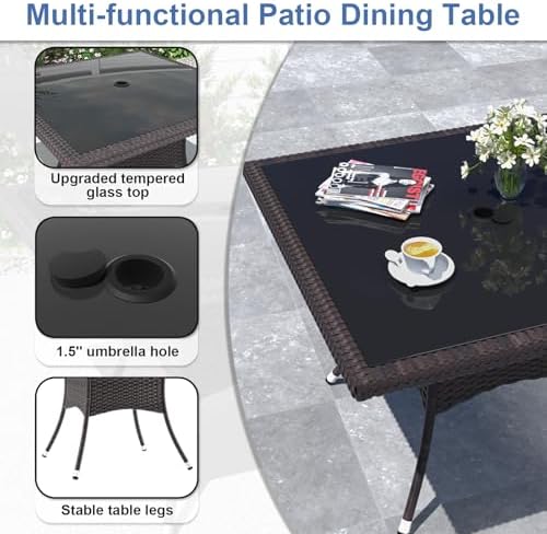 ALAULM 5 Piece Patio Dining Set All-Weather Wicker Outdoor Furniture Set w/Tempered Glass Tabletop, Removable Cushions and Umbrella Hole for Patio, Backyard, Garden, Poolside（Navy） - Image 5