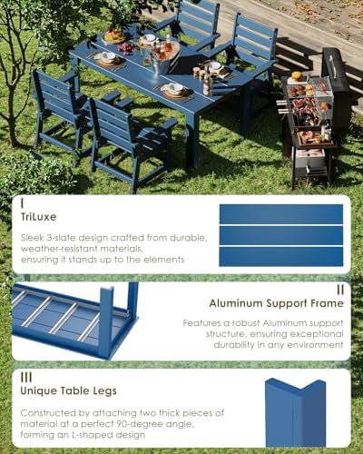 GREENVINES HDPE Outdoor Dining Table w/Umbrella Hole for 6, Blue - Image 3