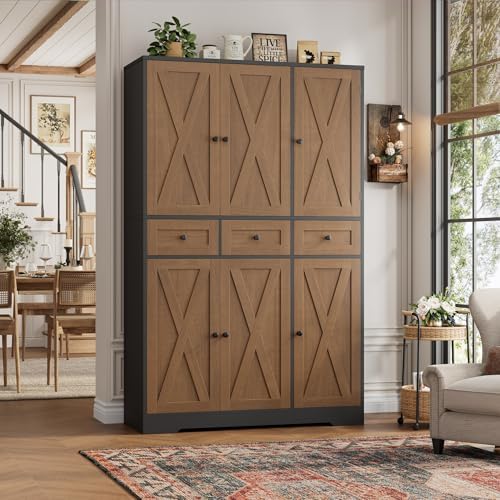 HOSTACK 67"H Farmhouse Kitchen Pantry Storage Cabinet with 3 Drawers, Brown - Image 2