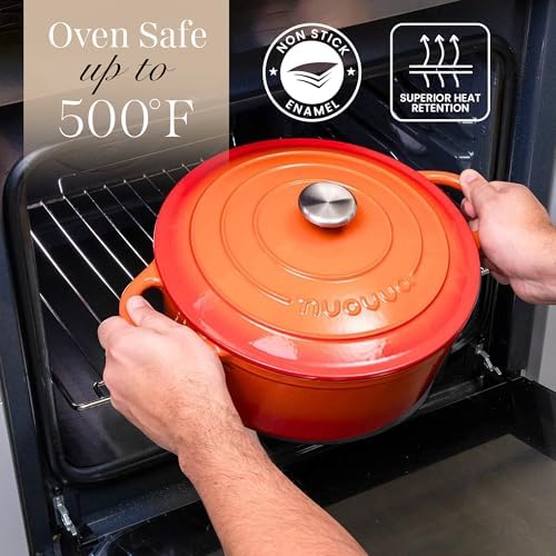 Cast Iron Pot with Lid-Non-Stick Ovenproof Enamelled Casserole Pot, Oven Safe up to 500° F-Sturdy Dutch Oven Cookware - Orange, 5-Quart, 24cm by- Nuovva - Image 5
