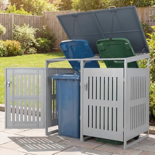 Goplus 44 Cu.Ft Outdoor Trash Can Storage, Garbage Can Hider Outdoor with 2 Lockable Doors Gas Struts & Shock Absorbers, Slant-roof Outdoor Storage for Patio, Backyards, Yard & Garden (52"x32"x49.5") by Goplus