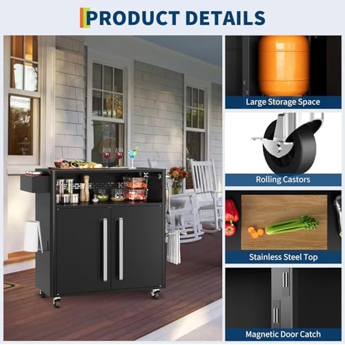 Heavy-Duty 2-Tier Outdoor Kitchen Island with Locking Wheels – 883 sq.in. Prep Space, 304 Stainless Steel Top, Magnetic Double-Door BBQ Cabinet for Grilling Table & Patio Cooking Station - Image 4