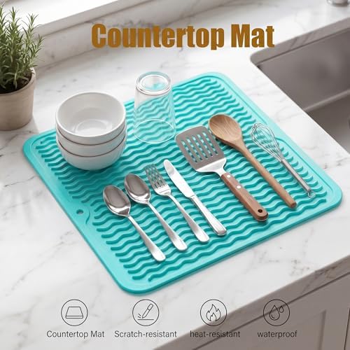 MicoYang Silicone Dish Drying Mat for Multiple Usage,Easy clean,Eco-friendly,Heat-resistant Silicone Mat for Kitchen Counter or Sink,Refrigerator or Drawer liner Mint M 12 inches x 12 inches - Image 3