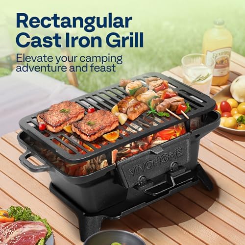 VIVOHOME Rectangle Cast Iron Charcoal Grill with Double-Sided Grate - Image 2