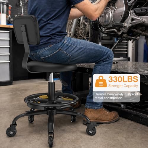 Rolling Shop Stool with Wheels, Mechanic Stool Chair with Backrest - Image 3