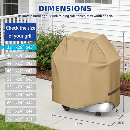 BBQ Gas Grill Cover for Outdoor, Anti-UV, Rip-Proof, 600D Oxford Fade Resistant Material, Barbecue Cover with Hook and Loop Straps & Adjustable Hem Drawstring (Beige, 32”x26”x43”) - Image 2