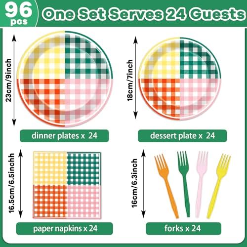Lonfliness 96 Pcs Camp Checked Paper Plates and Napkins Checkered Bachelorette Party Supplies Checked Birthday Tableware Set Plaid Camping Themed Summer Party Favors Baby Bridal Shower Decor - Image 2