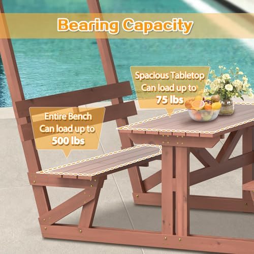 Outdoor Waterproof Solid Wood Picnic Table and Bench Set with Removable Canopy - Suitable for All-Weather patios, Gardens, Decks, Parks, Beaches - Image 4