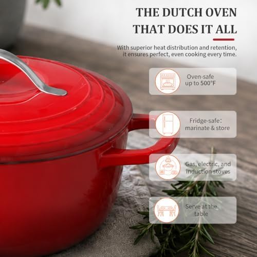 Winado 7.5 Qt Enameled Cast Iron Dutch Oven Pot with Lid, Red Ombre - Image 6