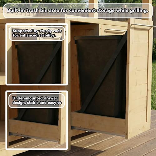 ECACAD Outdoor Kitchen Island with Canopy & Trash Can Cabinet, 6.7FT Cedar Wood Grill Bar Counter Table with Storage Cabinet & Shelves, Grill Pavilion for Patio Kitchen, Backyard, Garden, Natural - Image 6