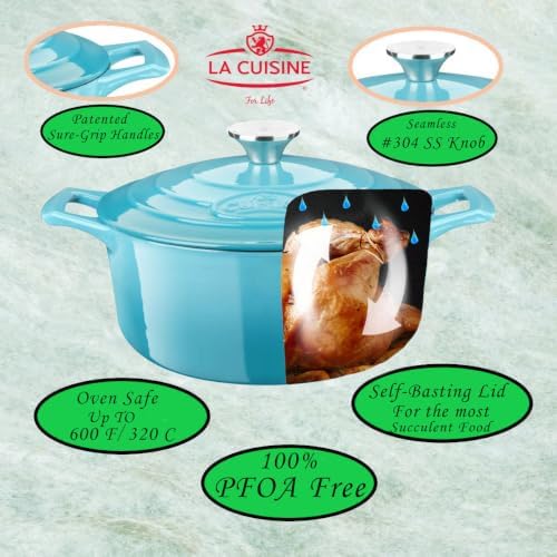 La Cuisine Enameled Cast Iron Dutch Oven Casserole Pot with Lid Internal Matt Black Enamel Coating for baking bread 2.1 QT 7.8" /20cm Ø, GlassTop, Oven-Safe 550°F/276°C Teal - Image 2