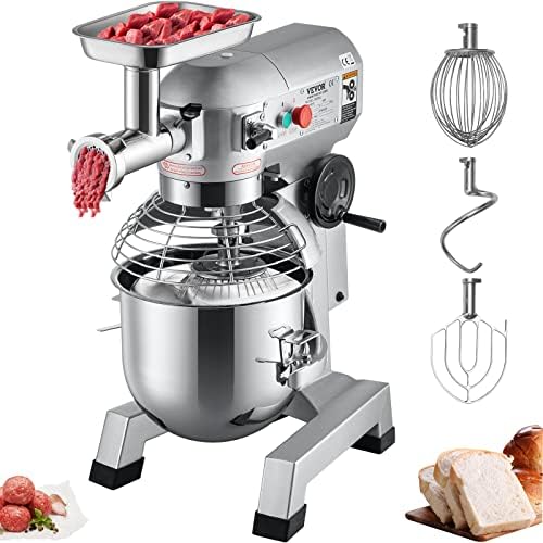VEVOR Commercial Stand Mixer, 20Qt Stainless Steel Bowl, 1100W 2 in 1 Multifunctional Electric Food Mixer with Meat Grinder & 3 Speeds, Dough Hook Whisk Beater Included, Perfect for Bakery Pizzeria by VEVOR